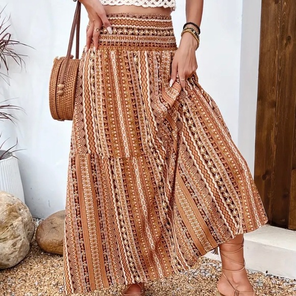 Brown Tribal Print Smocked Waist Boho Skirt - Picture 4 of 6